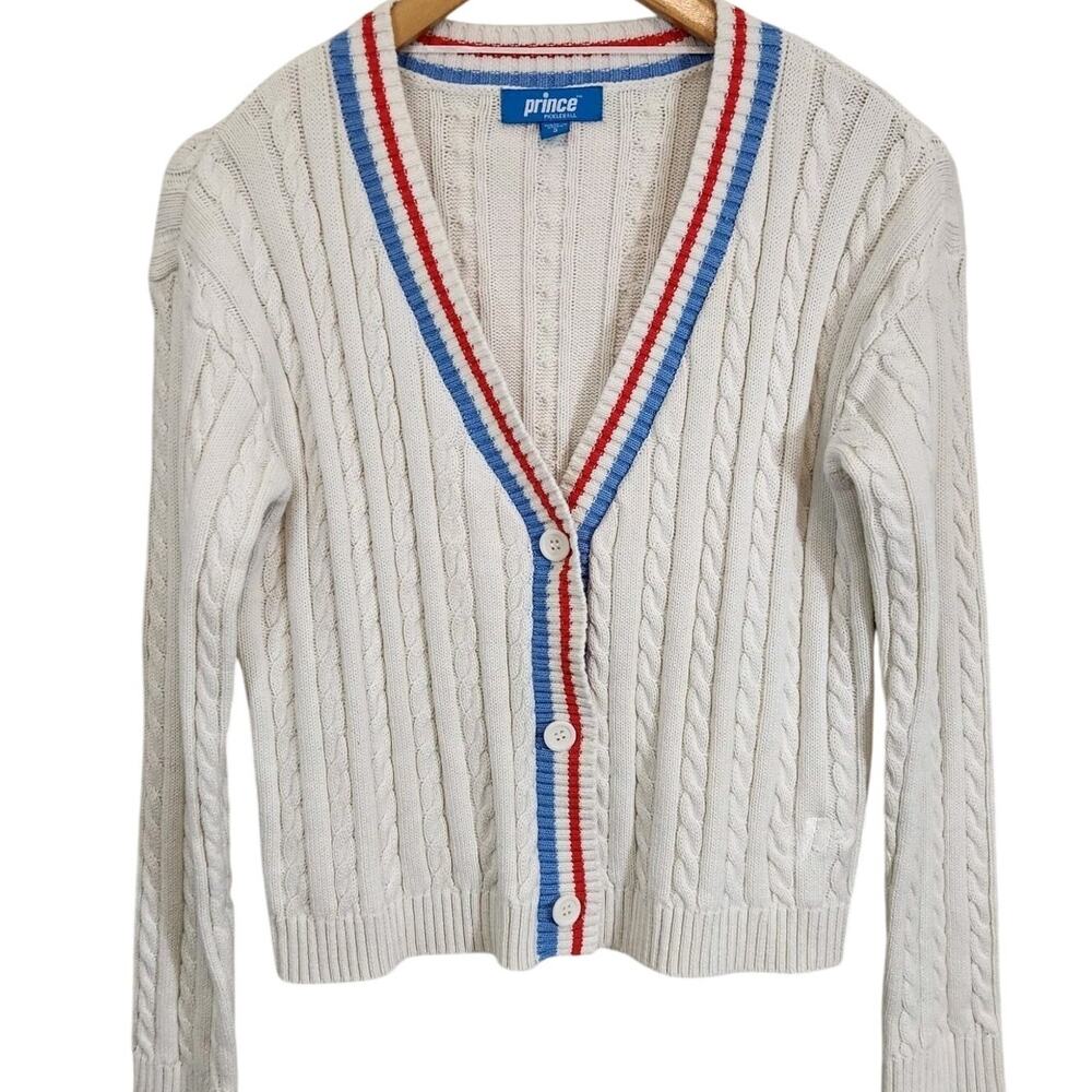 Prince Y2k Cable Knit Cardigan Tennis Pickleball Sweater Preppy Old Money School